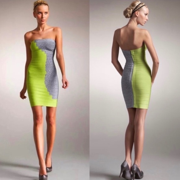 Herve Leger Neon Two Tone Classic Strapless Bodycon Bandage Cocktail Party Dress